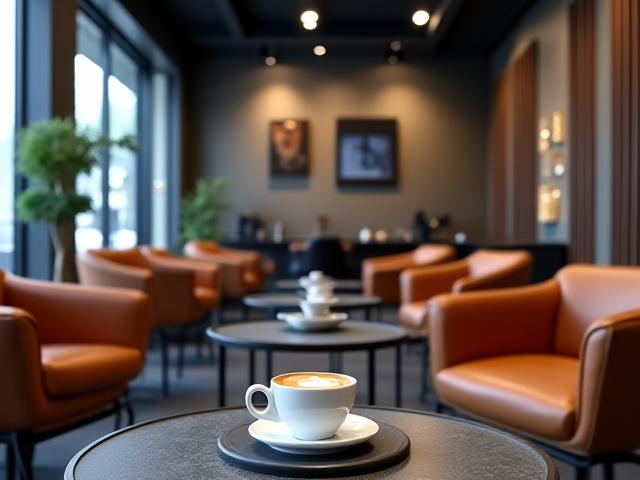 Espace d'attente moderne avec design industriel et café